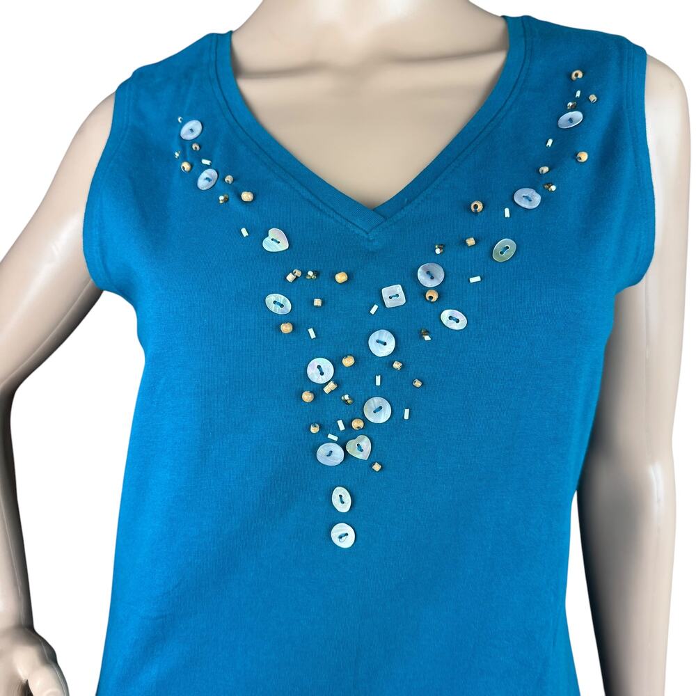 NWT White Stag Blue Beaded V-Neck Tank Top Sleeveless Embellished Shirt L 12 14